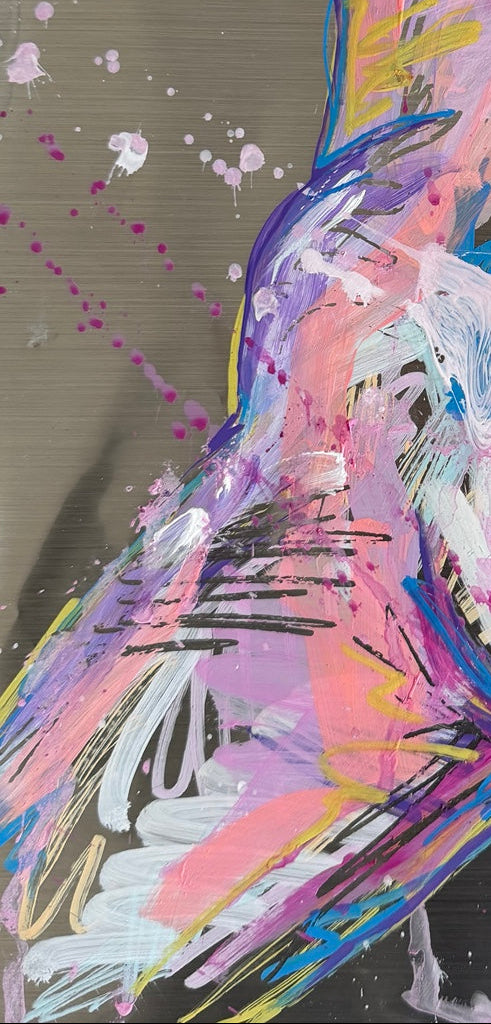 Abstract painting of a stylized female torso and upper legs rendered in expressive brushstrokes of pink, purple, blue, white, and yellow on a textured gray background with paint splatters.