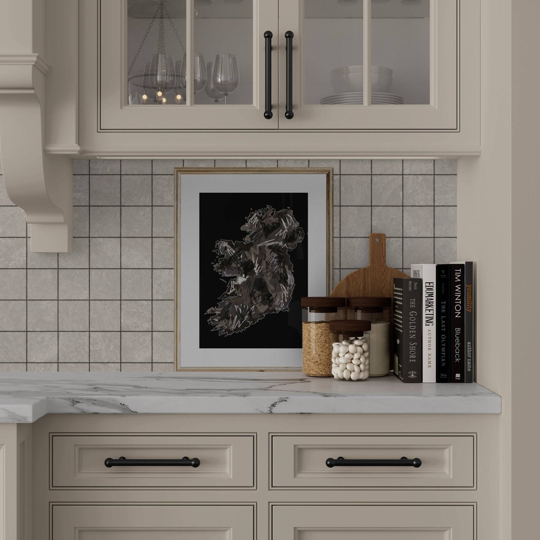 a kitchen with a picture of a woman on the wall